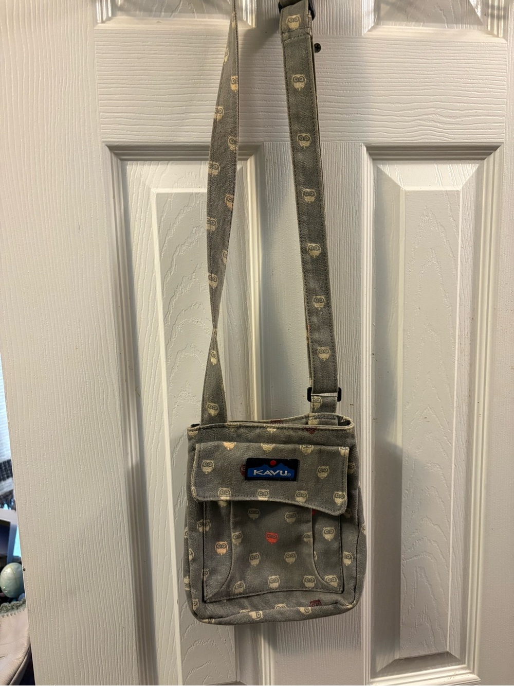Kavu Gray Owl-Print Mini Canvas Crossbody with Red Accent